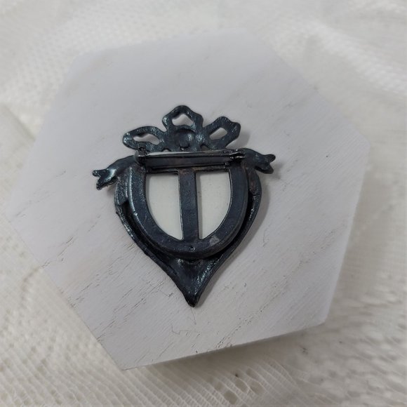 Vintage Pewter Finish Pin Brooch Photo Frame Heart - Picture 5 of 6